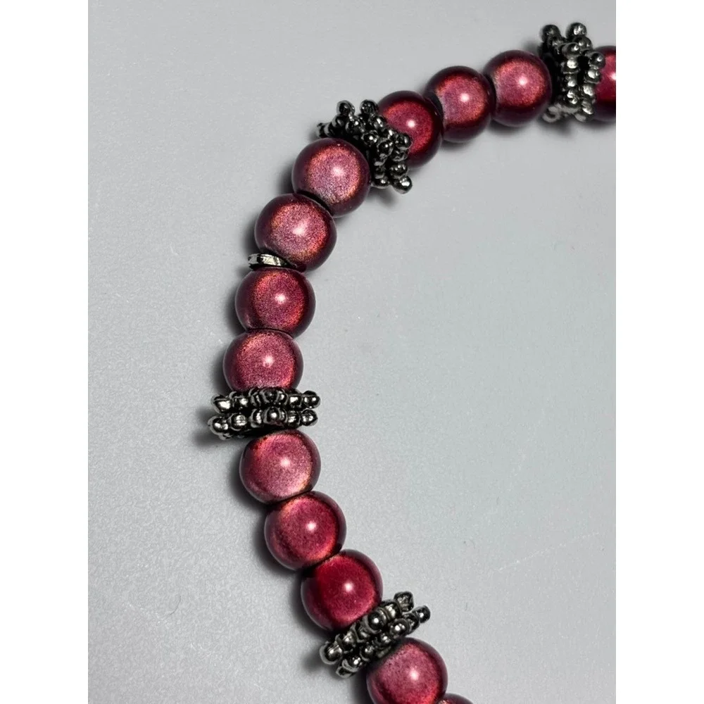 Vintage Burgundy Metallic Beaded Stretch Bracelet Silver Tone Spacer Accents
